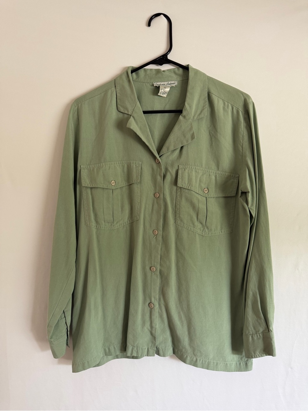 VTG Stephanie Andrews 100% Silk Green Button-up Blouse Shirt, Womens S Pockets